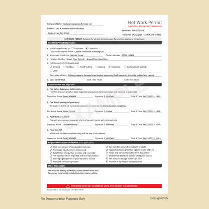 Hot Work Permit Template UK | Fillable Fire Safety Permit Sample – Docuqo 0105