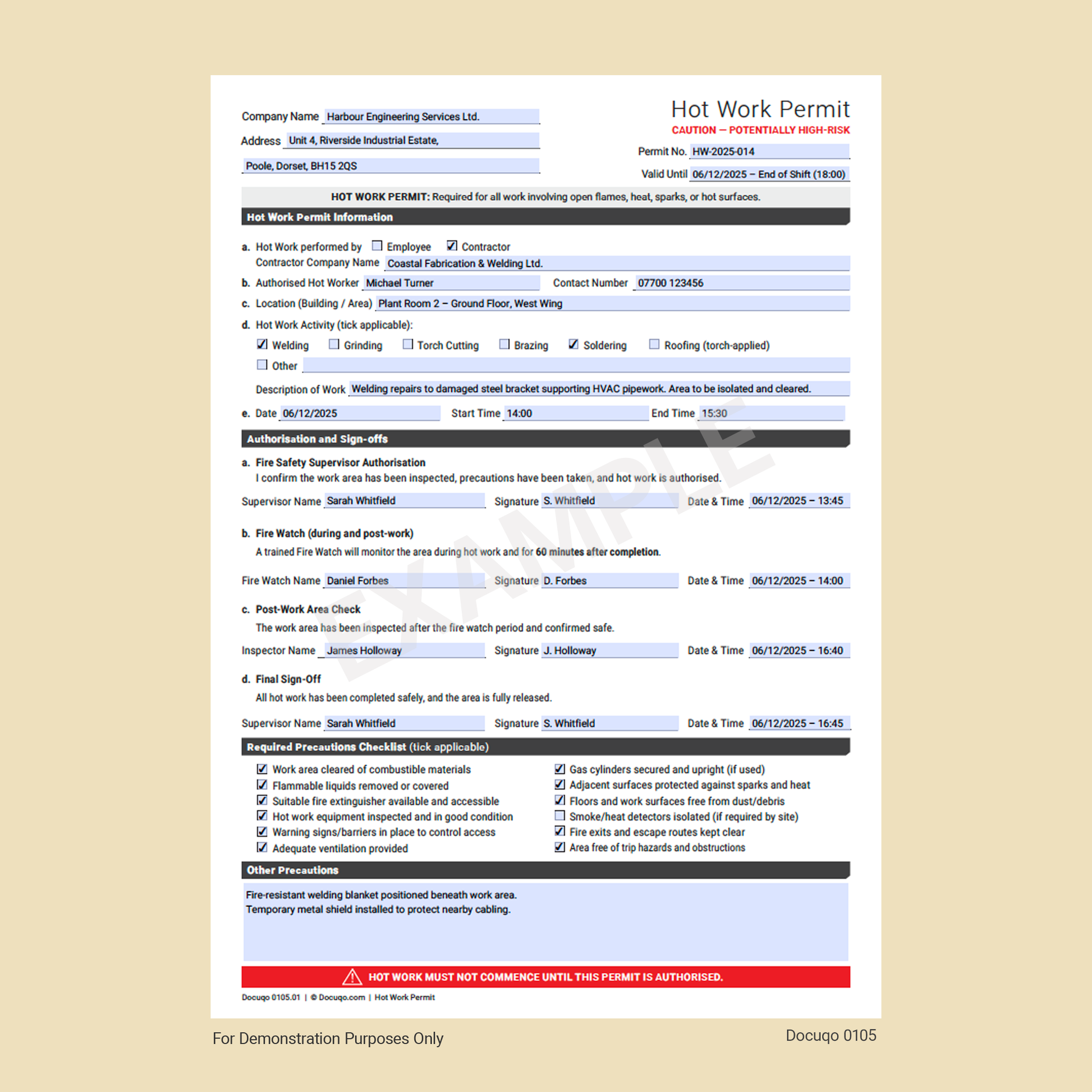 Hot Work Permit Template UK | Example Fillable Fire Safety Permit – Docuqo 0105
