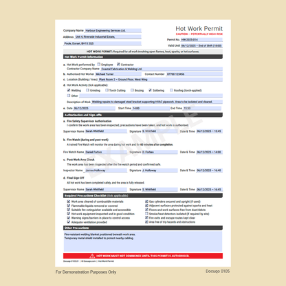 Hot Work Permit Template UK | Example Fillable Fire Safety Permit – Docuqo 0105