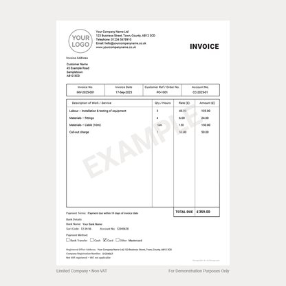 General Business Non-VAT Invoice Template Pack UK – A4 Fillable PDFs for Limited Company, Partnership & Sole Trader (Docuqo 0041)