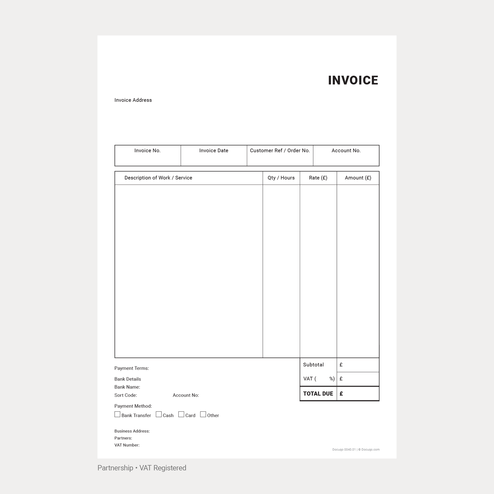 General Business VAT Invoice Template Example Pack UK – A4 Fillable PDFs for VAT Registered Partnership