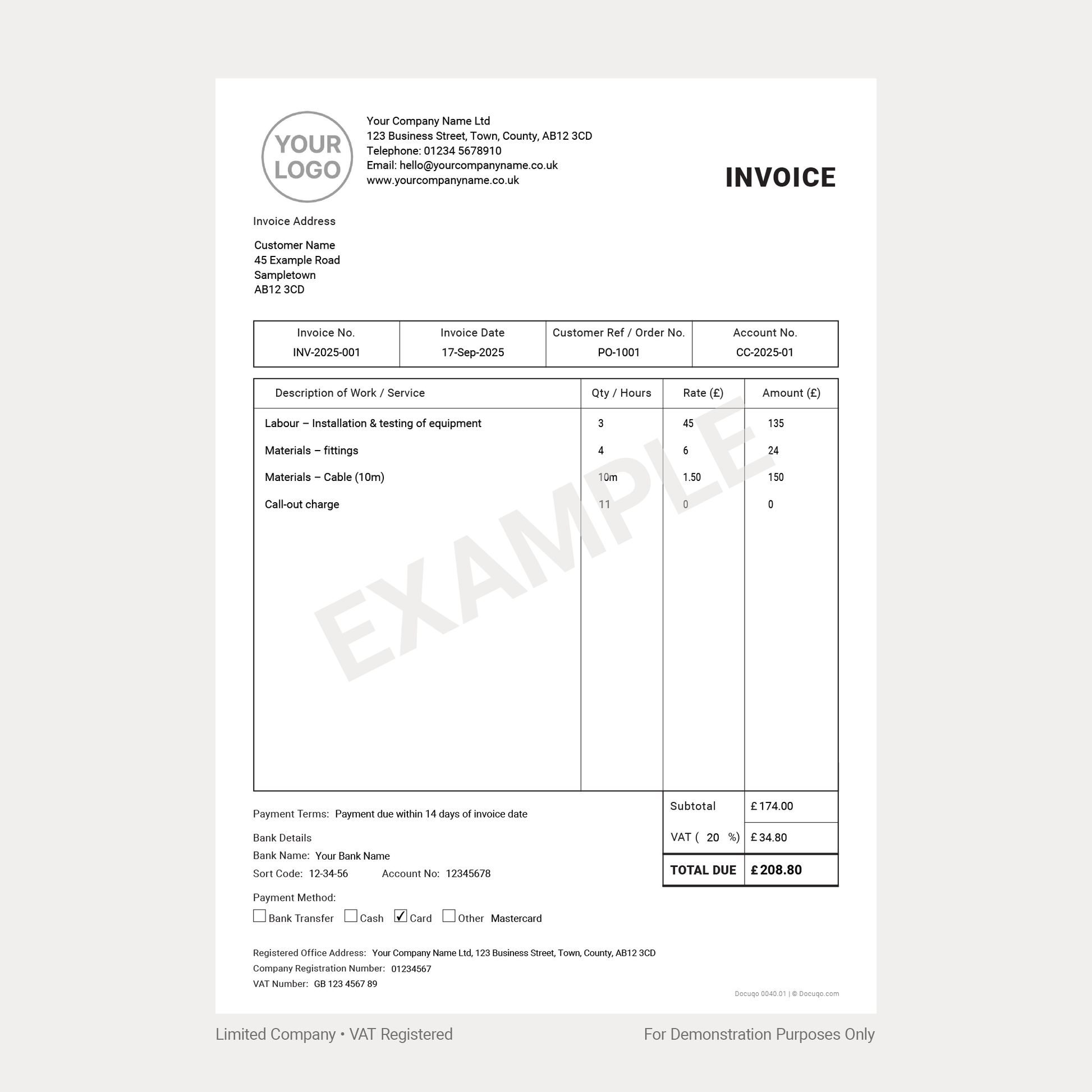 Example of Fillable PDF VAT invoice templates for VAT Registered Limited Company – Docuqo 0040