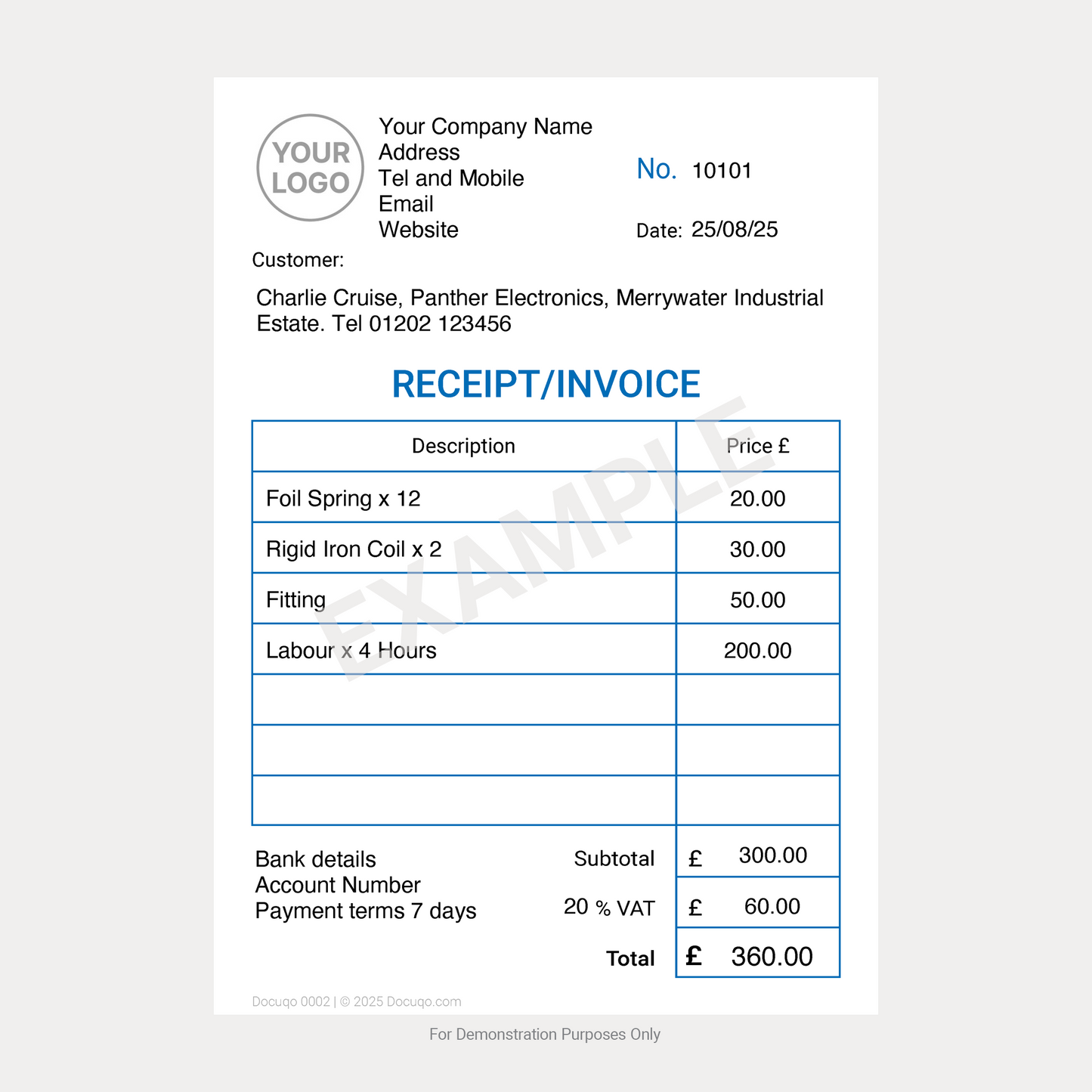 Receipt and Invoice Template UK – Example Completed PDF Form with £ currency
