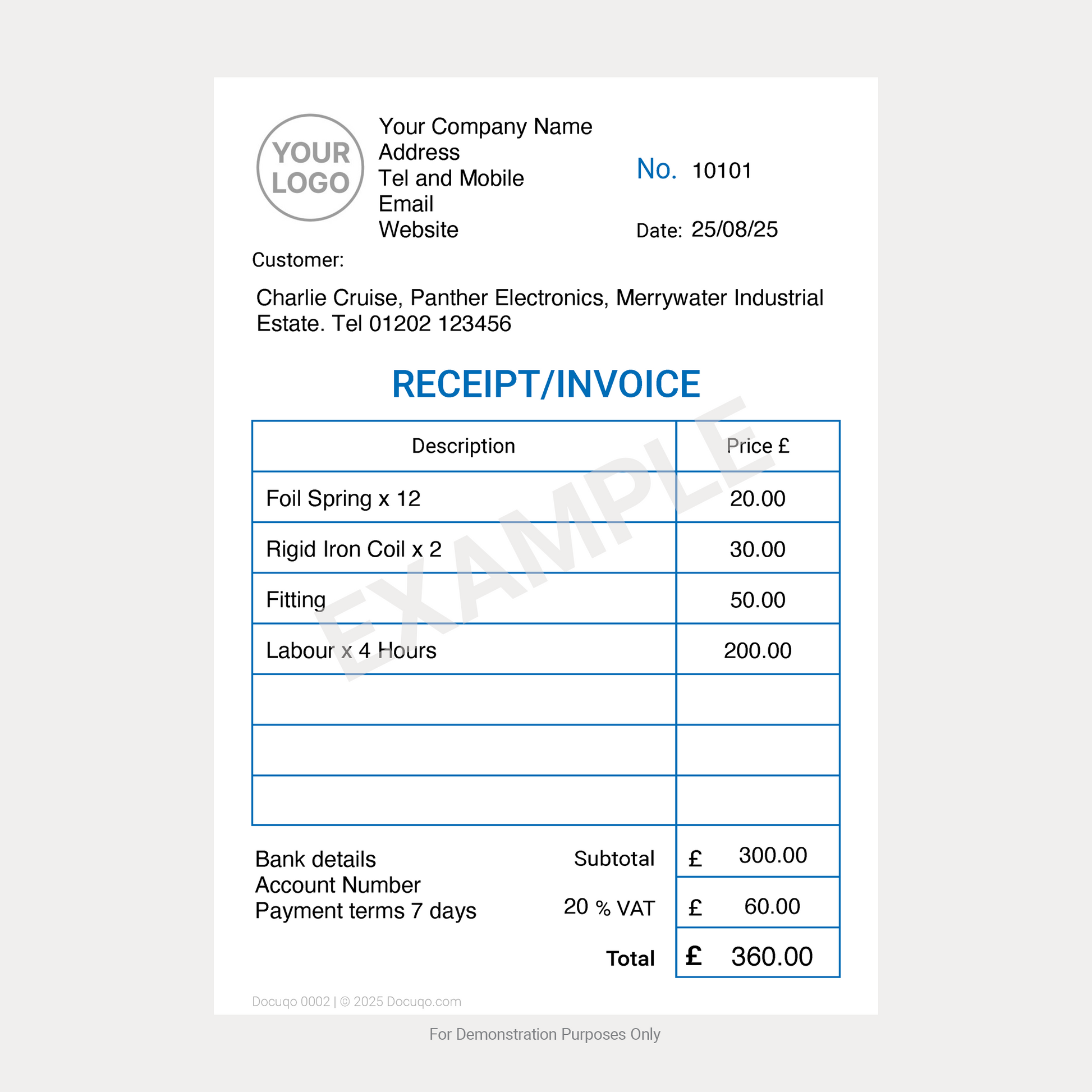 Receipt and Invoice Template UK – Example Completed PDF Form with £ currency