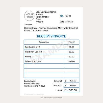 Receipt and Invoice Template UK – Example Completed PDF Form with £ currency