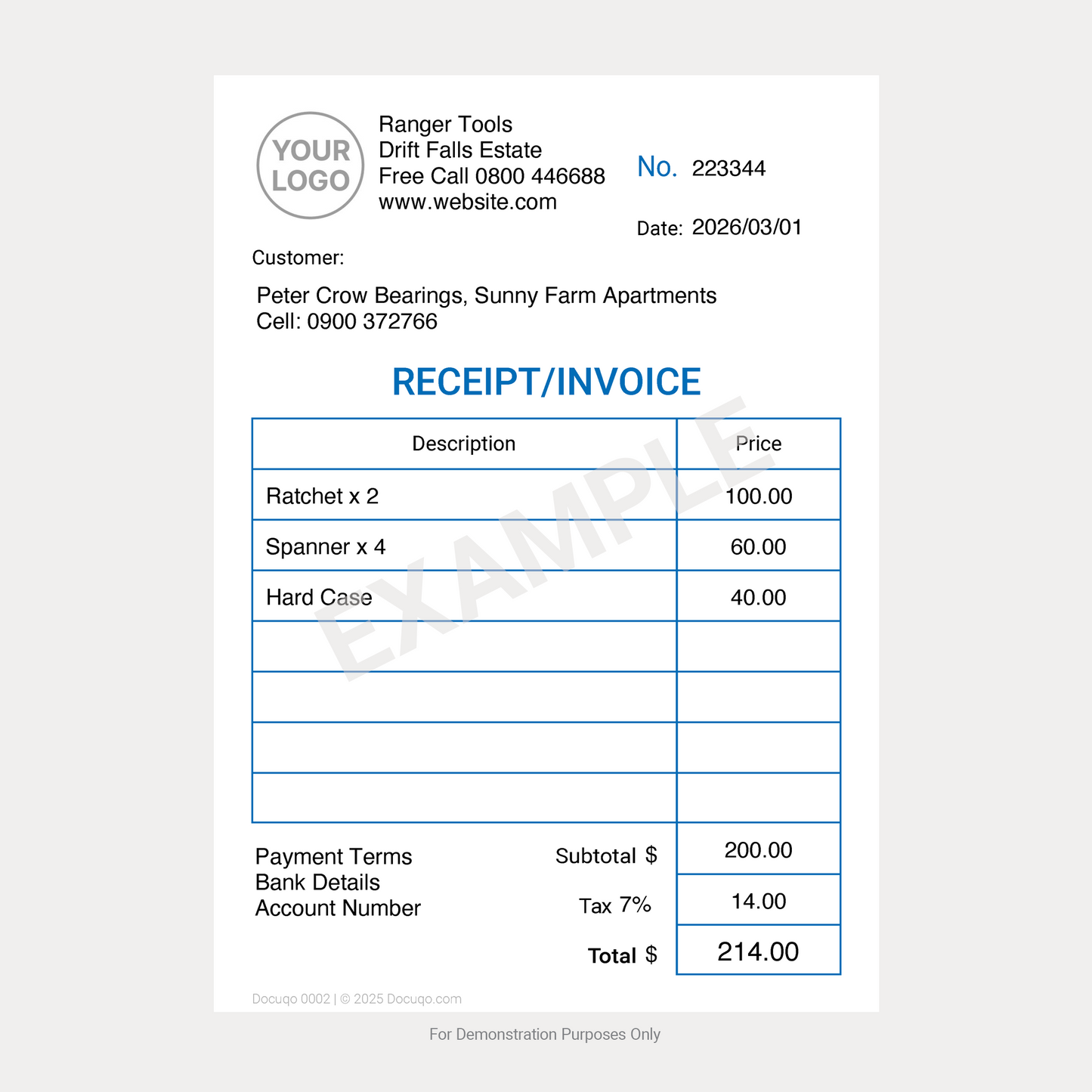 Receipt and Invoice Template International – Example Completed PDF Form without currency symbol