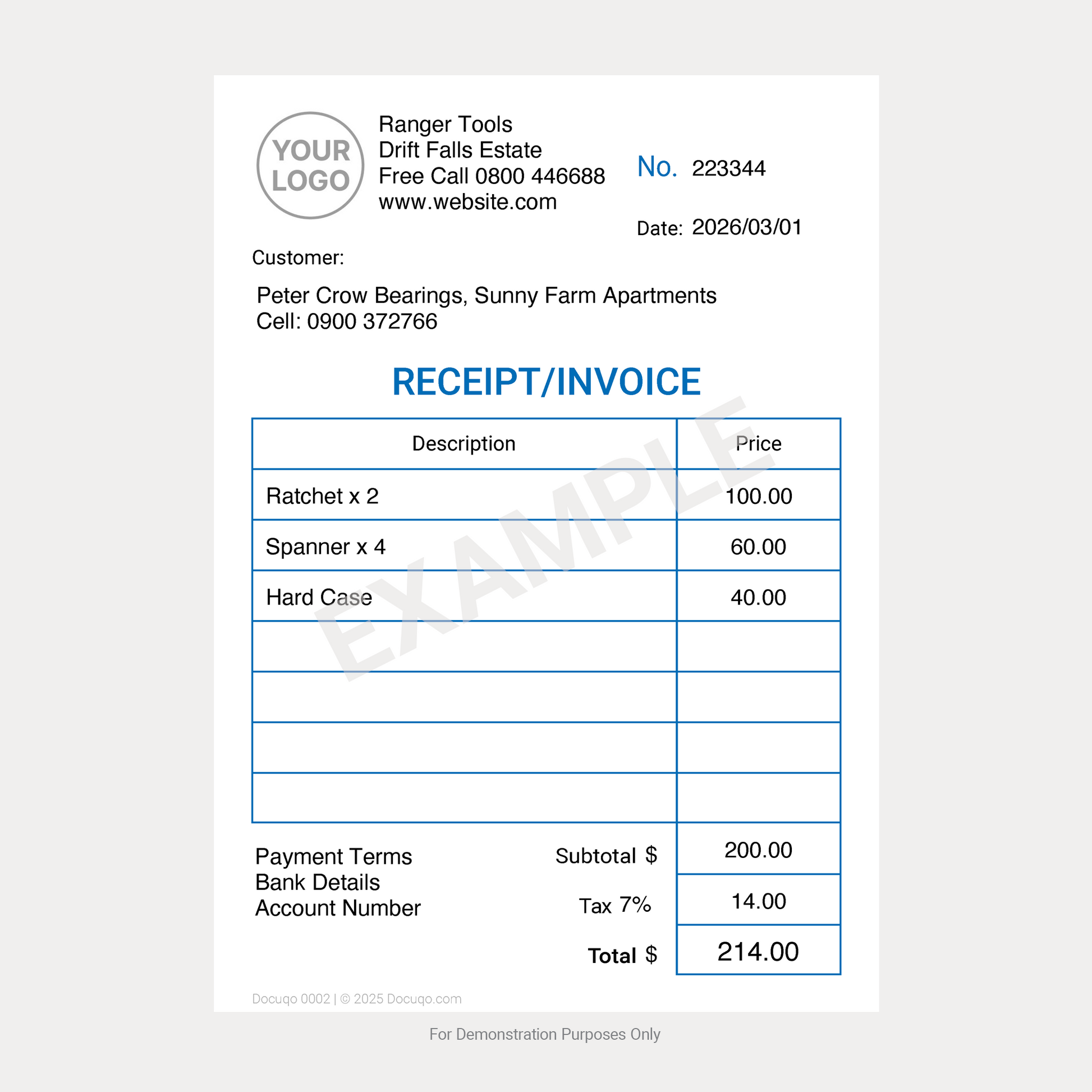 Receipt and Invoice Template International – Example Completed PDF Form without currency symbol