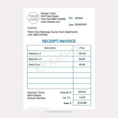Receipt and Invoice Template International – Example Completed PDF Form without currency symbol