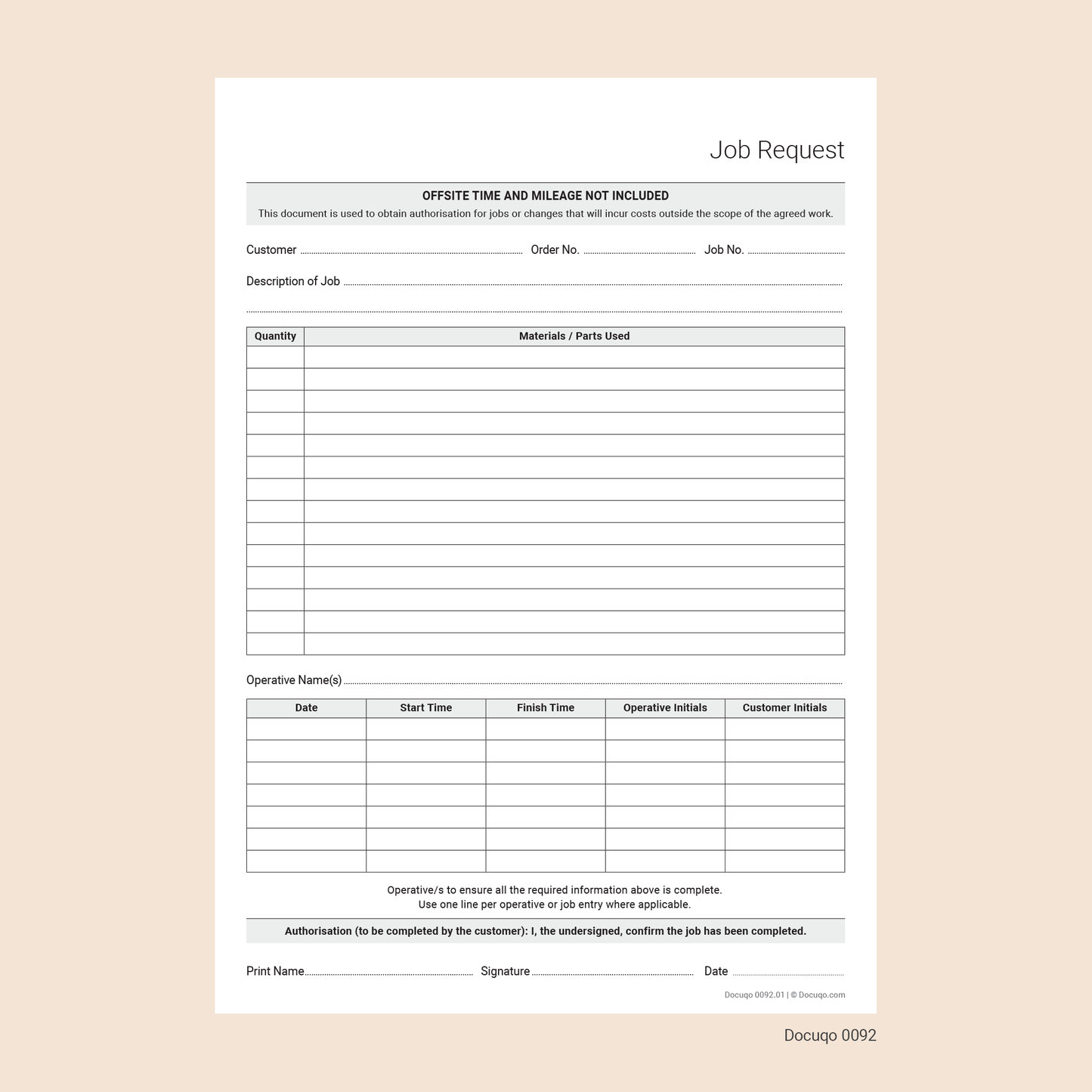 Blank Job Request Form for General Use – Authorisation and Completion Template (Docuqo 0092)