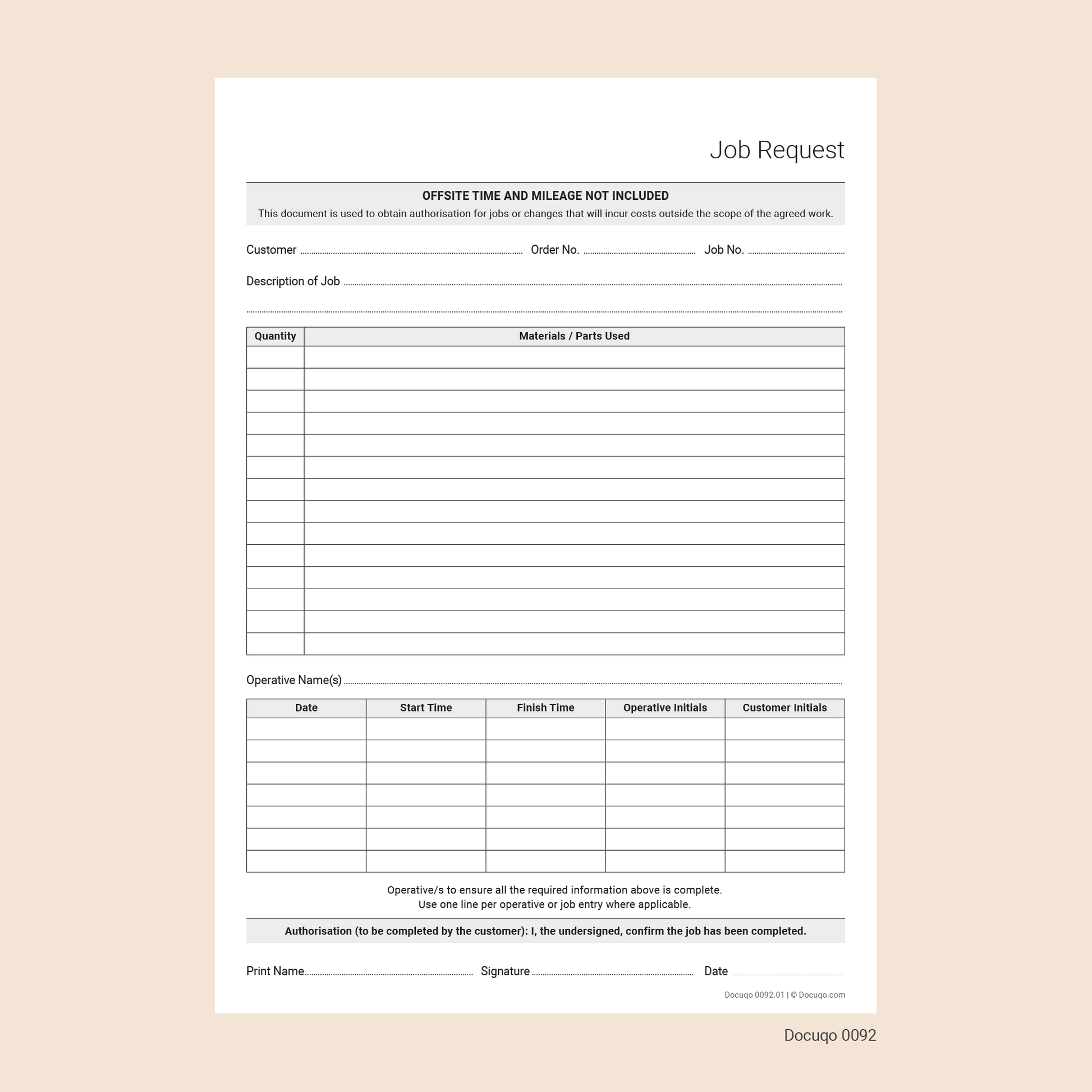 Blank Job Request Form for General Use – Authorisation and Completion Template (Docuqo 0092)