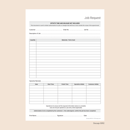 Blank Job Request Form for General Use – Authorisation and Completion Template (Docuqo 0092)
