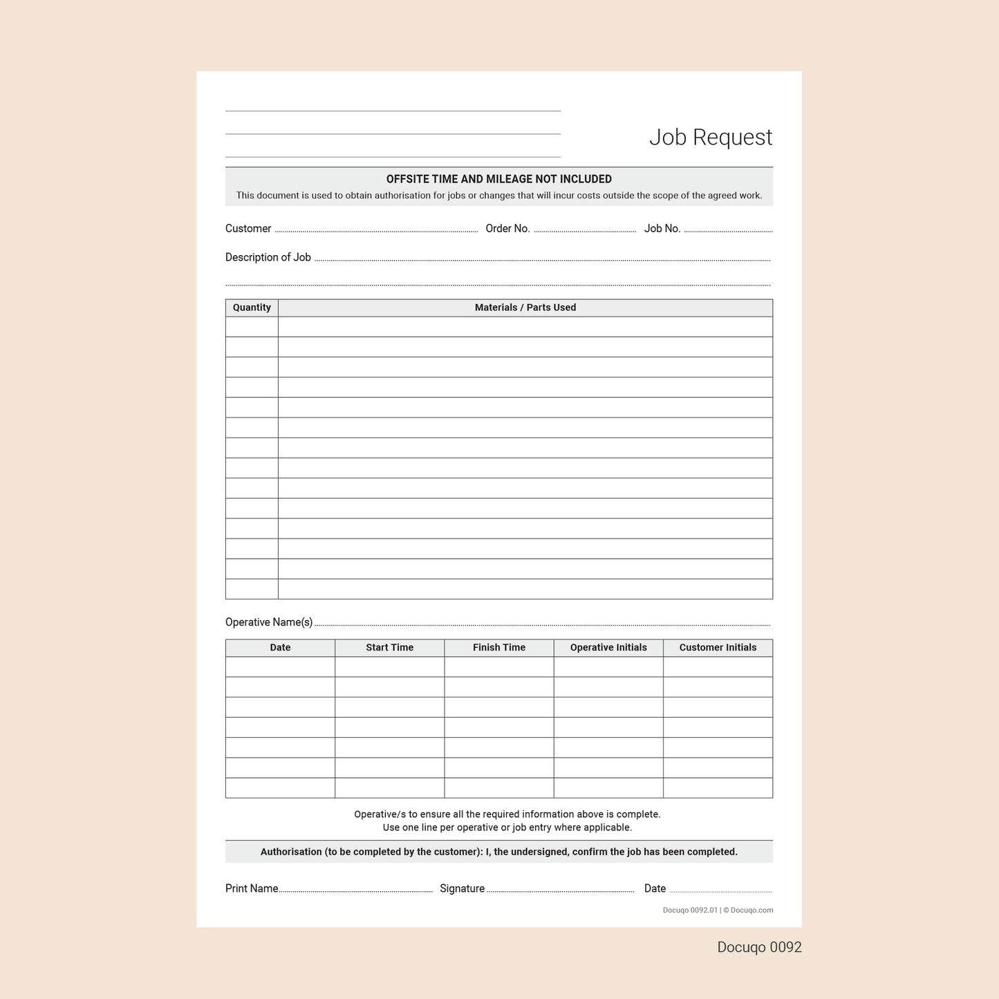 Blank with lines for hand writing Job Request Form for General Use – Authorisation and Completion Template (Docuqo 0092)