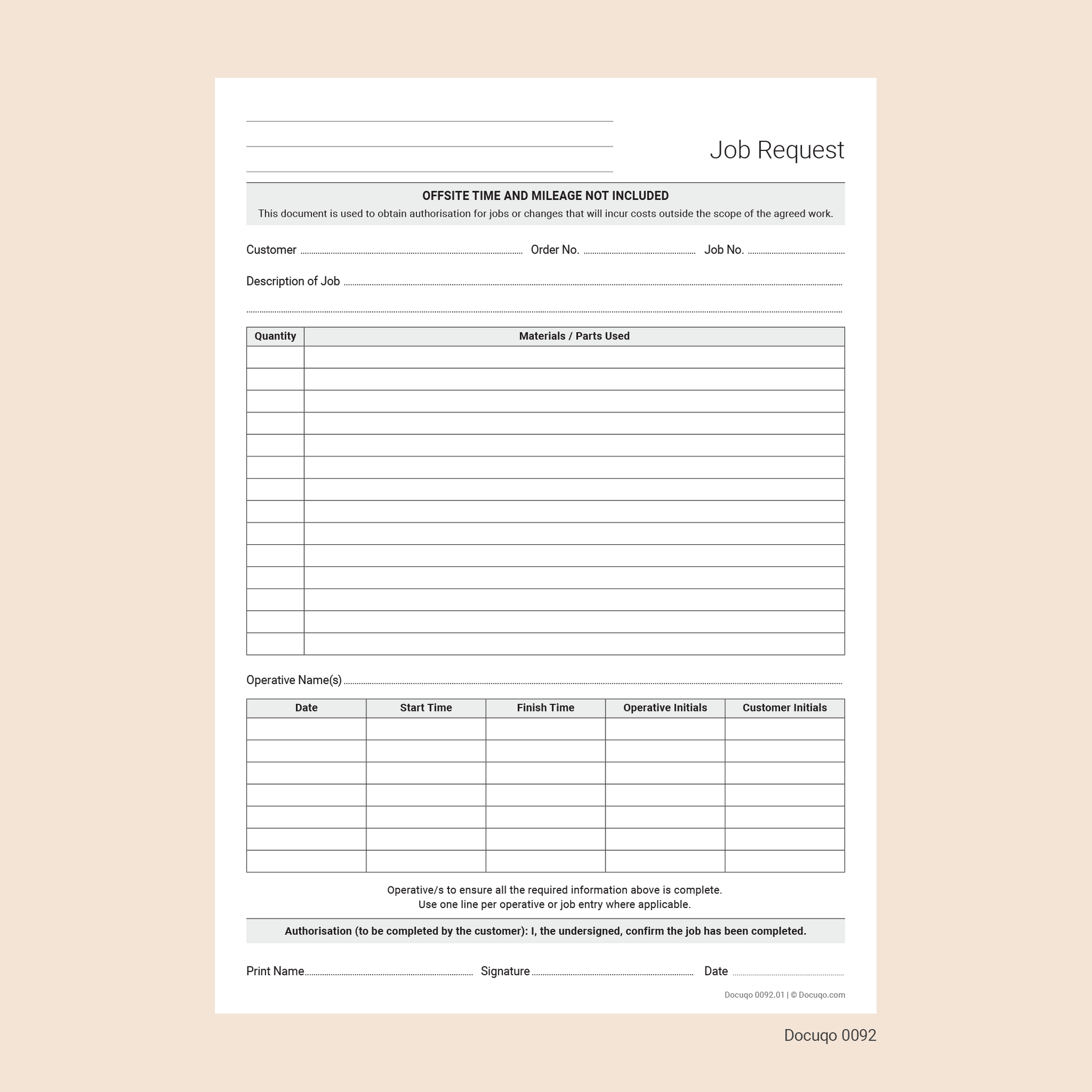 Blank with lines for hand writing Job Request Form for General Use – Authorisation and Completion Template (Docuqo 0092)