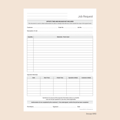 Blank with lines for hand writing Job Request Form for General Use – Authorisation and Completion Template (Docuqo 0092)