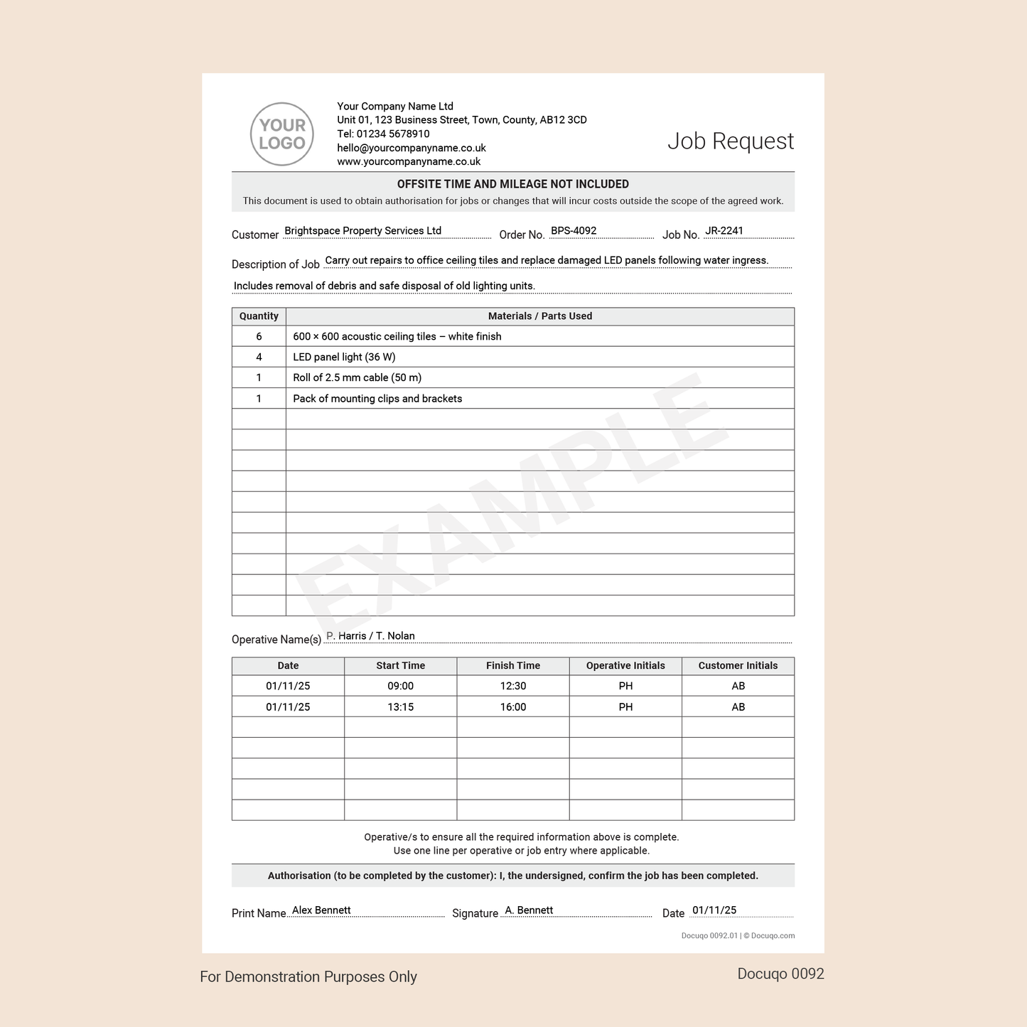 Example Job Request Form for General Use – Work Authorisation Sheet (Docuqo 0092)