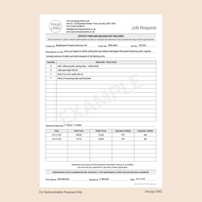 Example Job Request Form for General Use – Work Authorisation Sheet (Docuqo 0092)