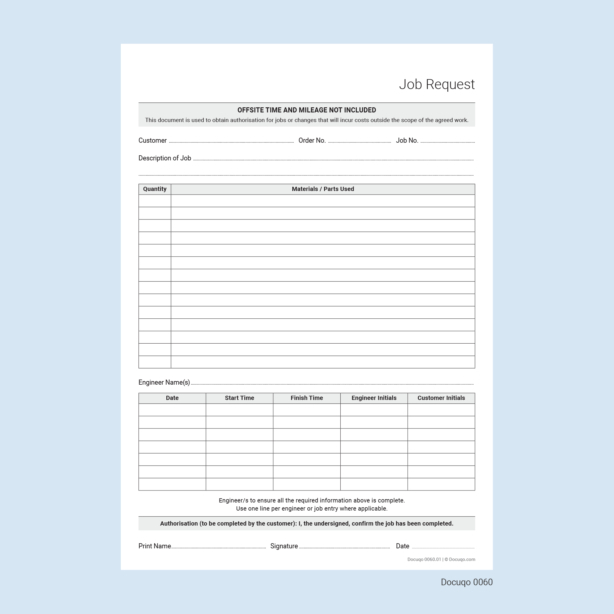 Job Request Form for Engineers (UK, A4 Fillable PDF) – Work ...