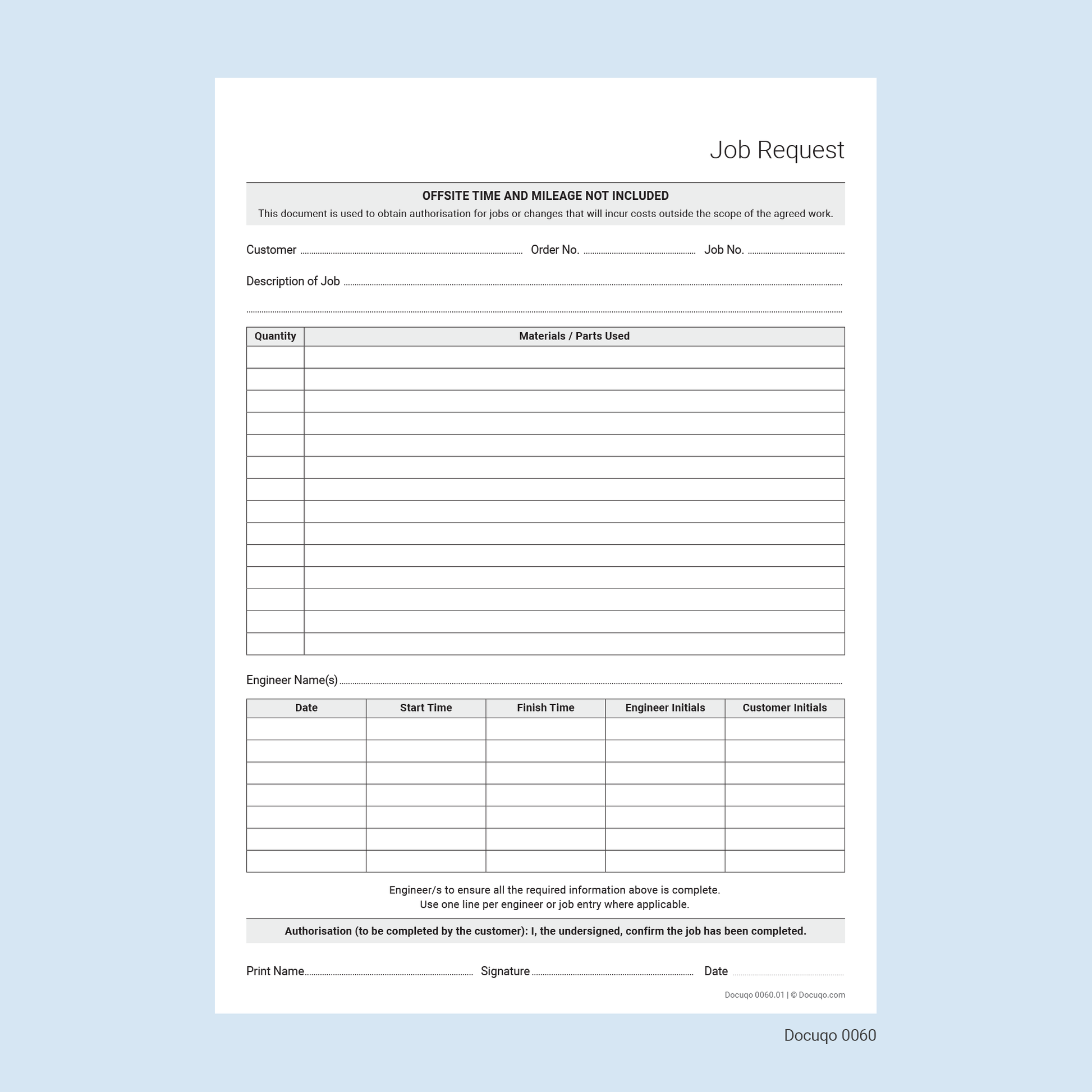 Engineer Job Request form PDF Template