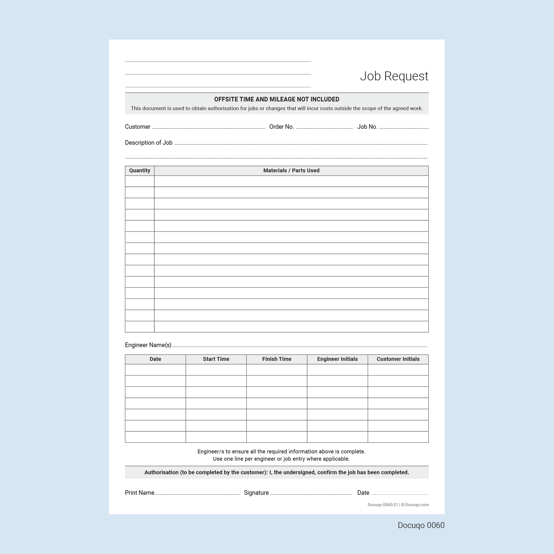 Job Request for Engineers form example pdf template