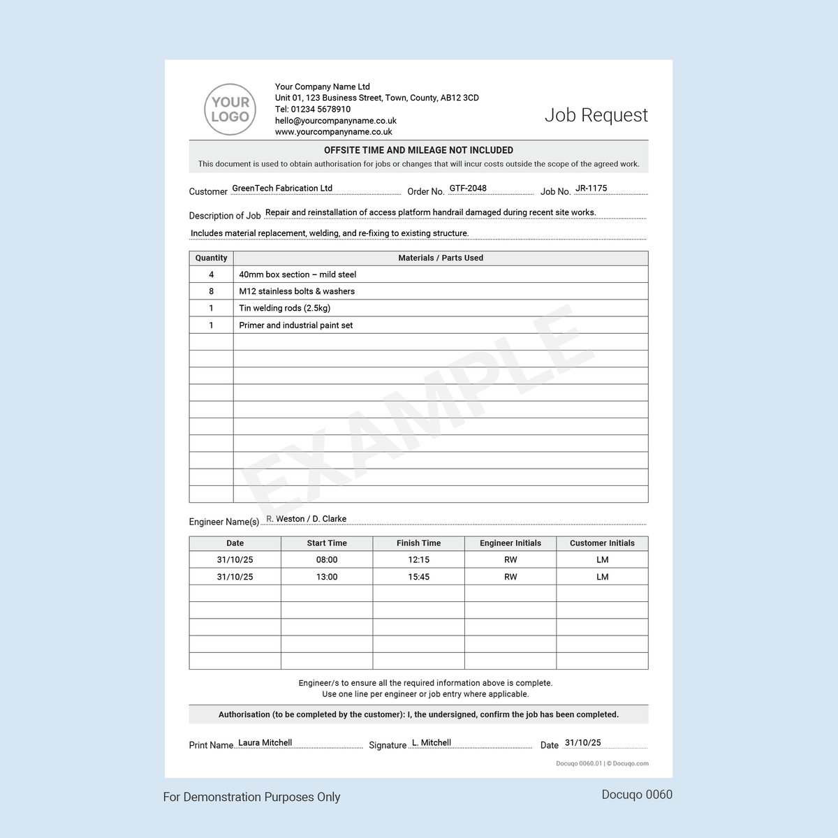 Job Request Form for Engineers (UK, A4 Fillable PDF) – Work ...