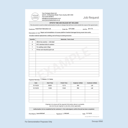 Job request form for Engineers example pdf template