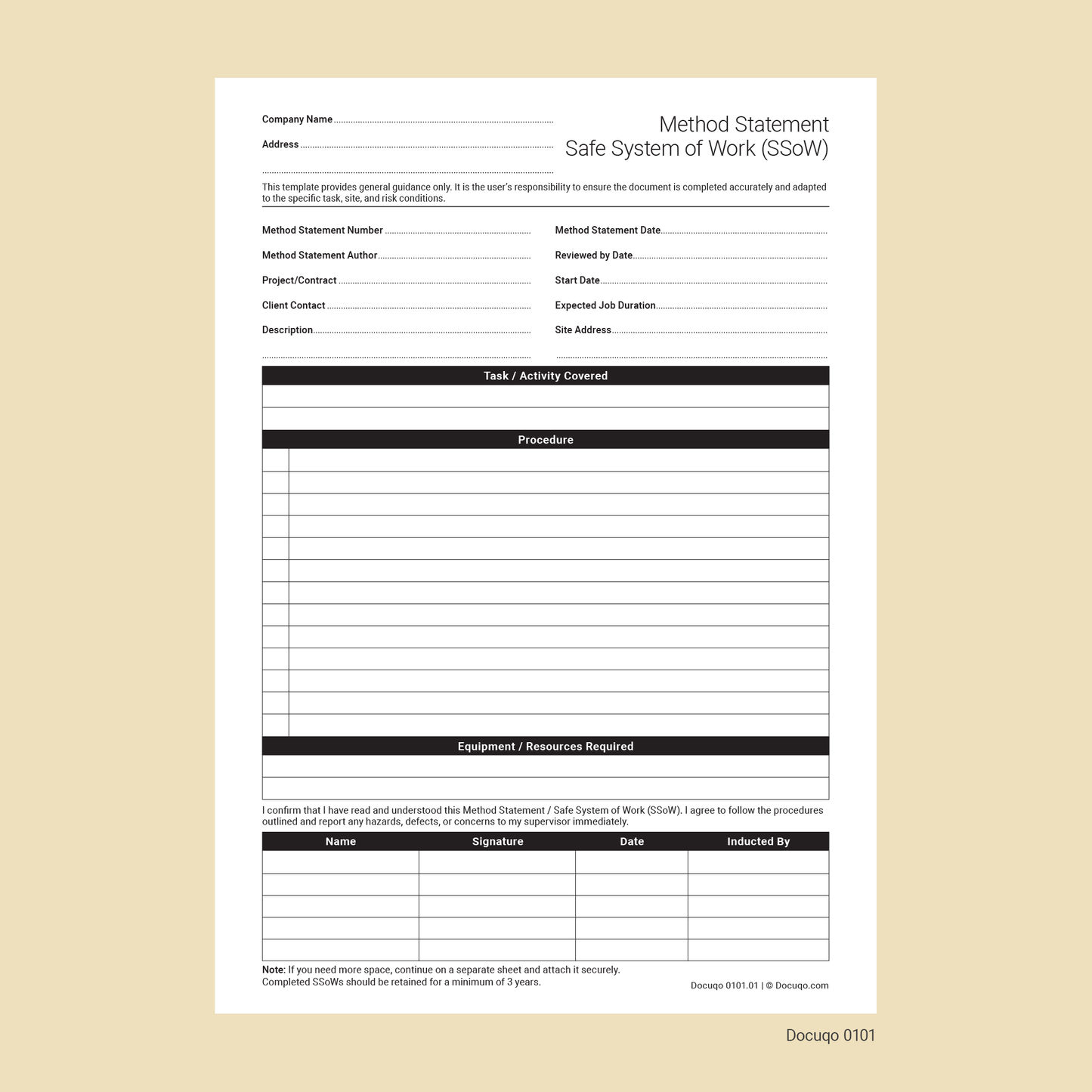 Construction risk assessment method statement pack PDF A4 fillable