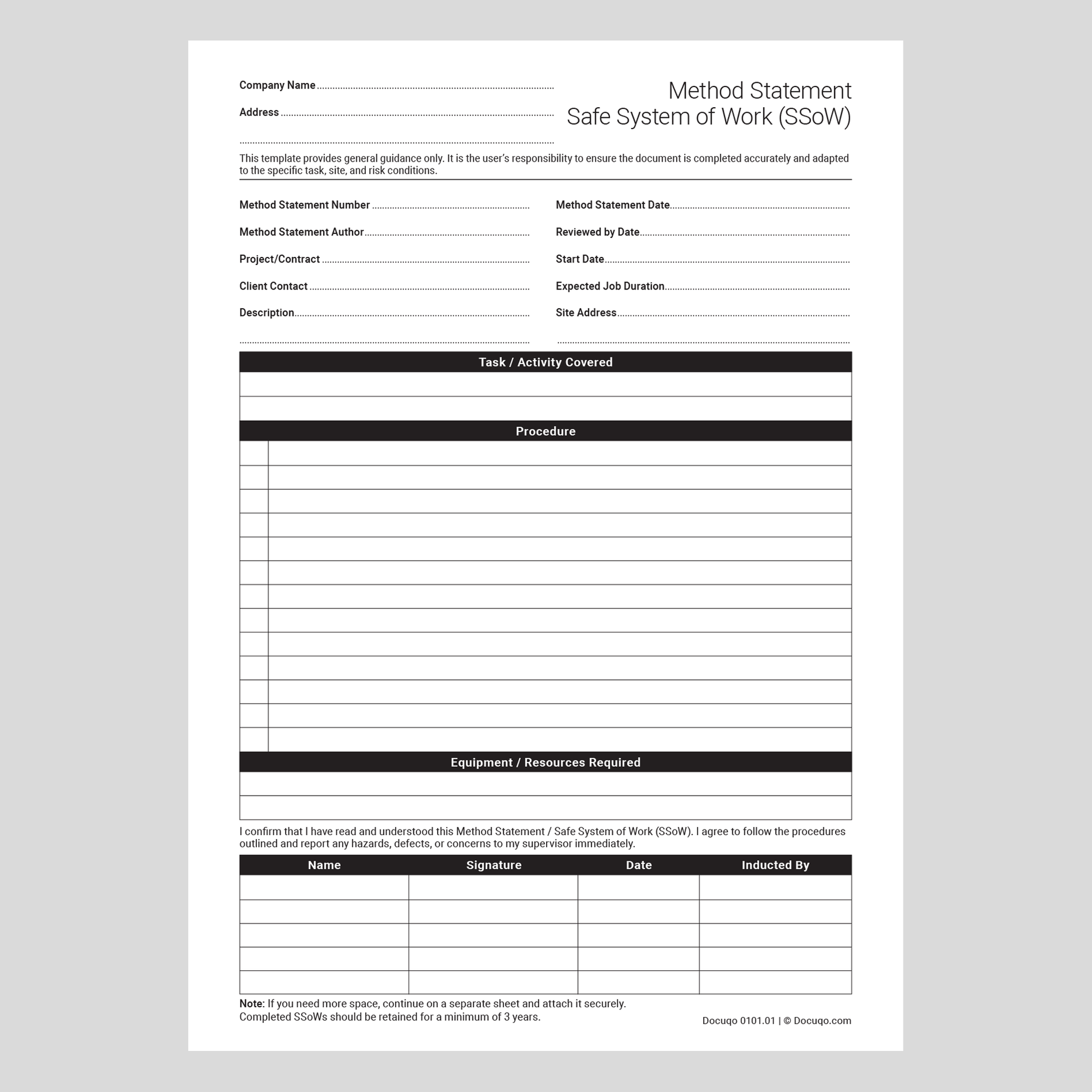 Method Statement Template (UK, A4 PDF) – Instant Download | Docuqo 0101