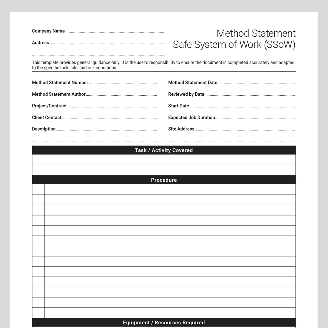 Method Statement Guide Method Statement Template (UK, A4 PDF) – Instant Download | Docuqo 0101