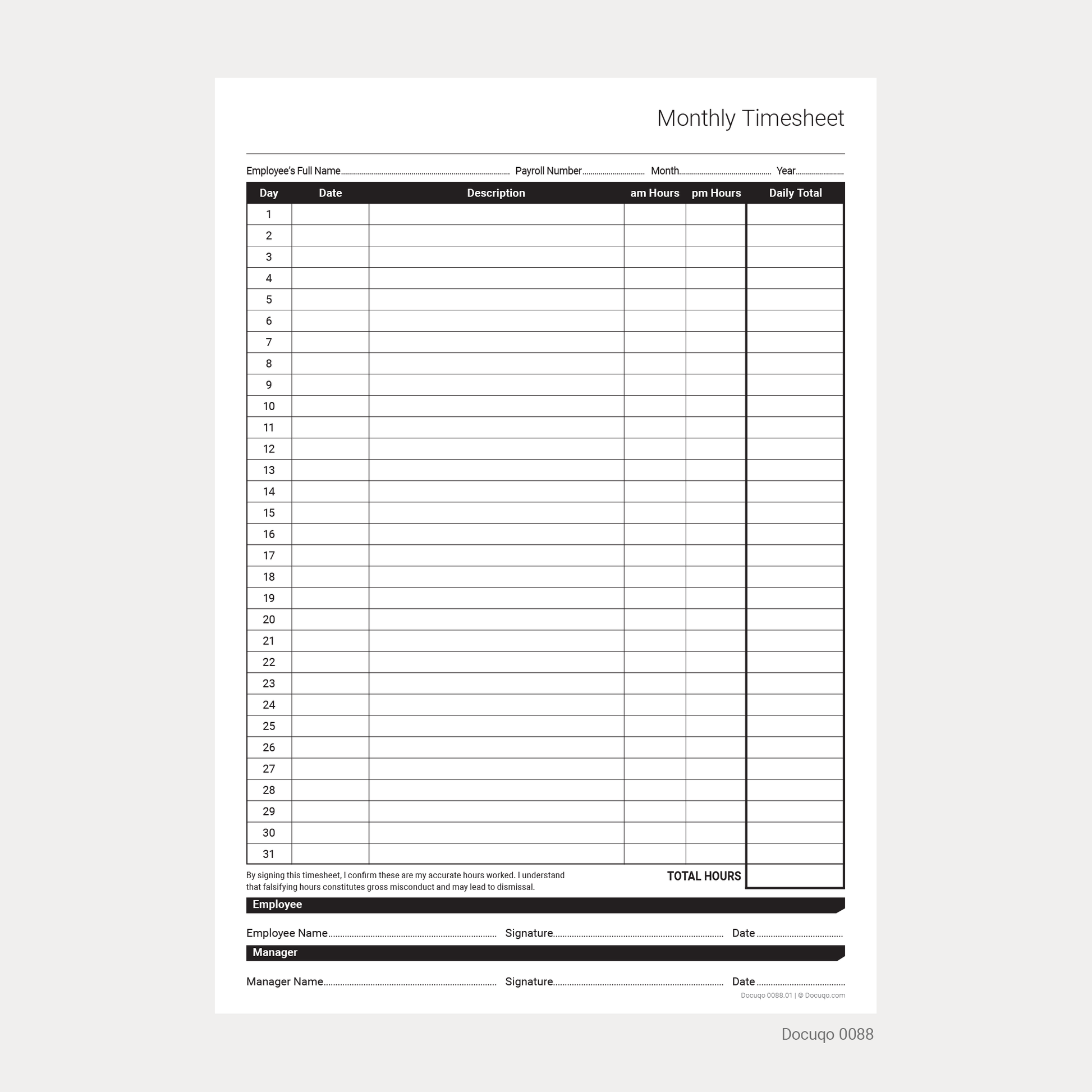 Blank Monthly Timesheet Template – A4 Fillable PDF for UK Businesses (Docuqo 0088)