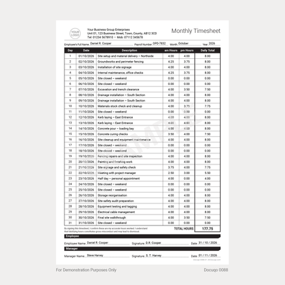 All-in-One Timesheet Pack (UK, A4 Fillable PDFs) – Weekly, Two-Weekly & Monthly Templates (Docuqo 0089)