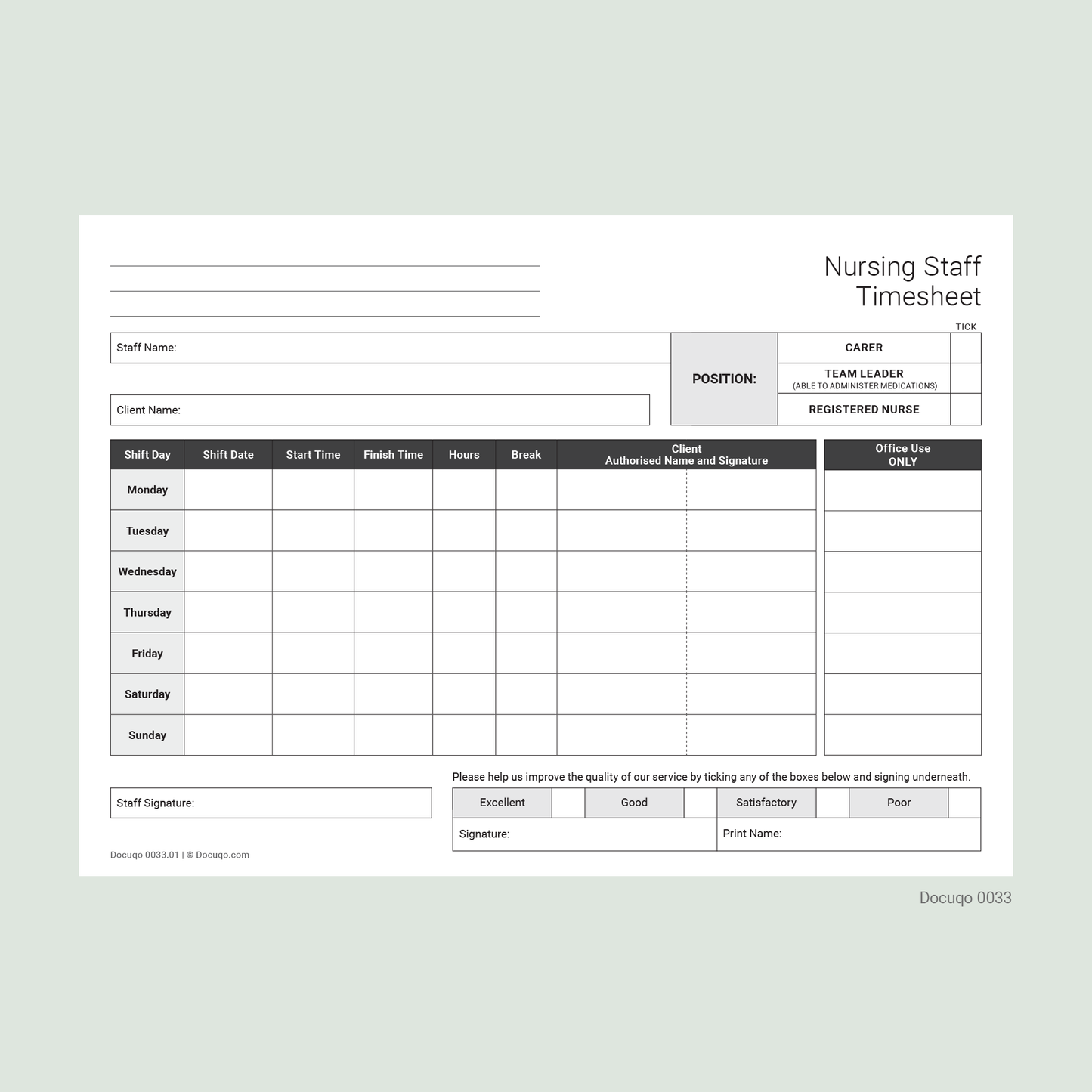 Health & Care Staff Weekly Timesheet Pack (UK, A4 Fillable PDFs) – Nursing, Agency & Care Templates (Docuqo 0094)