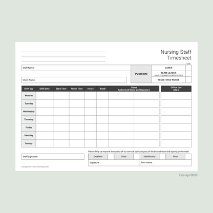 Health & Care Staff Weekly Timesheet Pack (UK, A4 Fillable PDFs) – Nursing, Agency & Care Templates (Docuqo 0094)