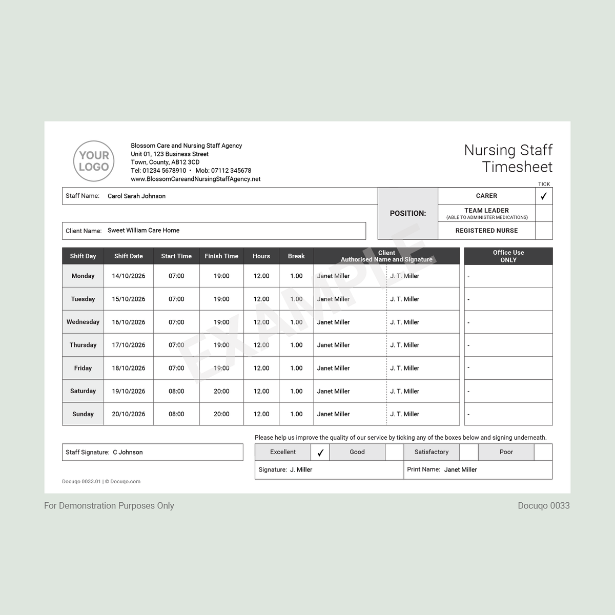 Nursing Time Log Example Nursing Staff Weekly Timesheet (UK, A4 Fillable PDF) – Carers & Nurses ...