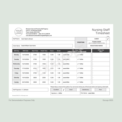Health & Care Staff Weekly Timesheet Pack (UK, A4 Fillable PDFs) – Nursing, Agency & Care Templates (Docuqo 0094)
