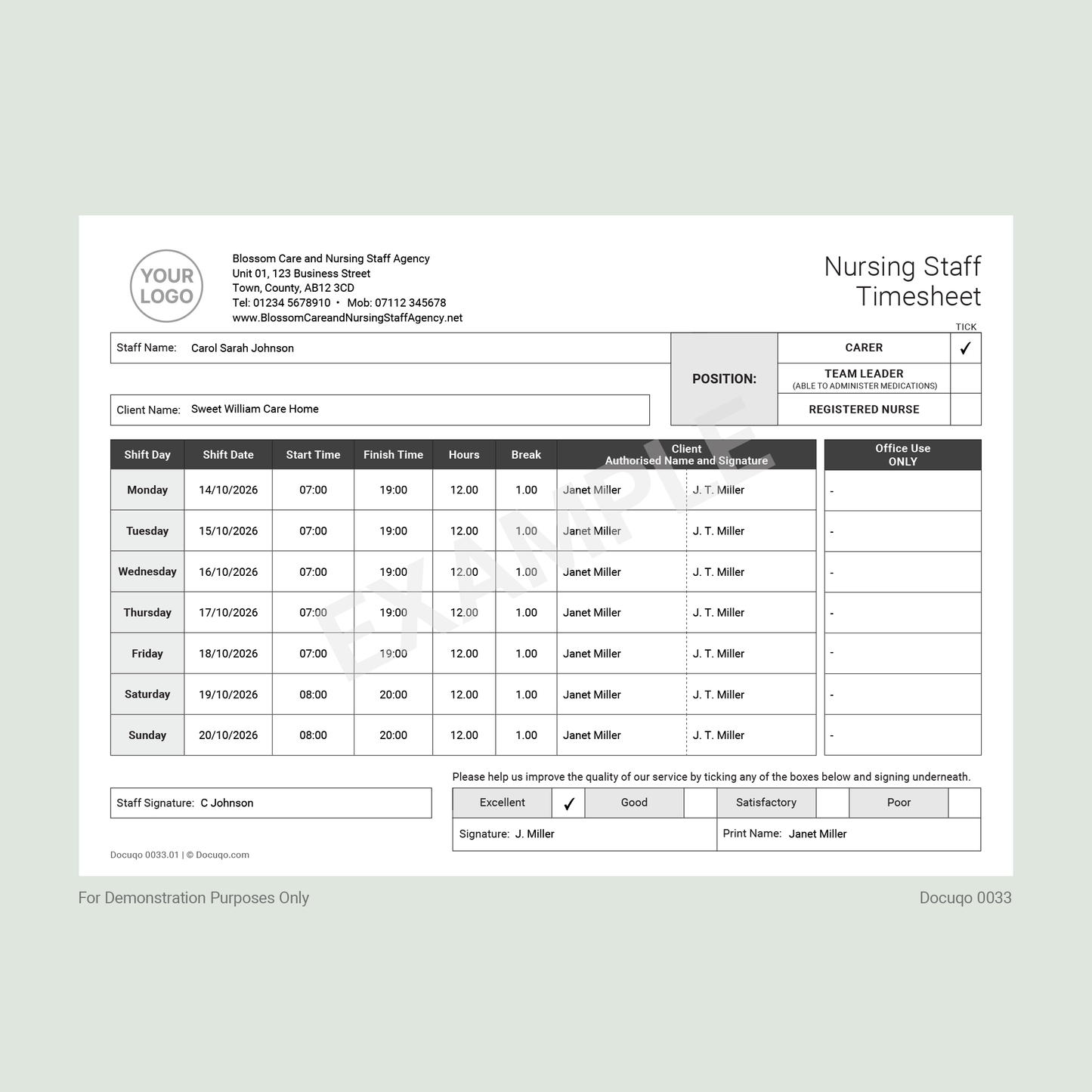 Health & Care Staff Weekly Timesheet Pack (UK, A4 Fillable PDFs) – Nursing, Agency & Care Templates (Docuqo 0094)