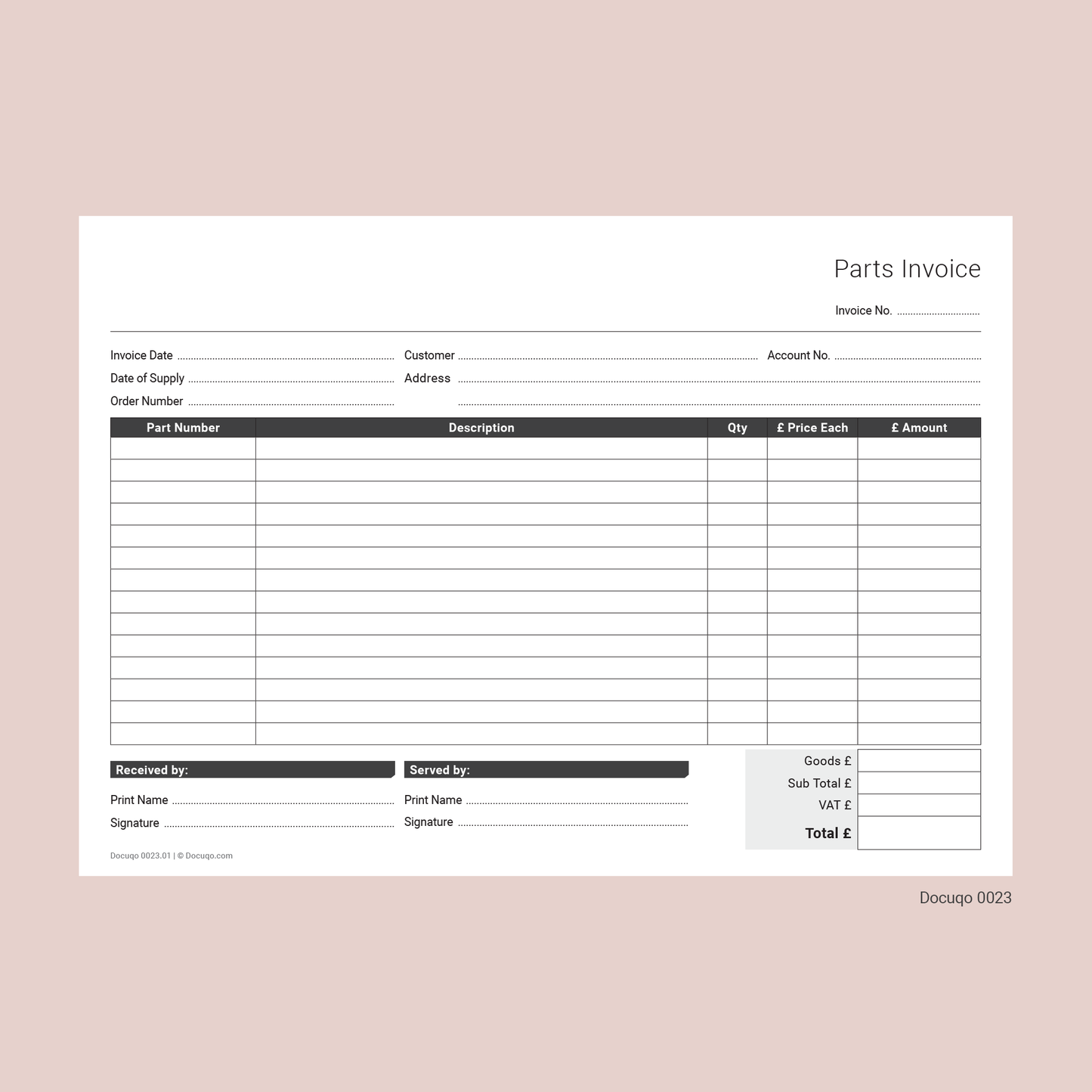 Parts Invoice Template (UK, A4 Fillable PDF) – For Garage, Workshop & Repair Businesses (Docuqo 0023)