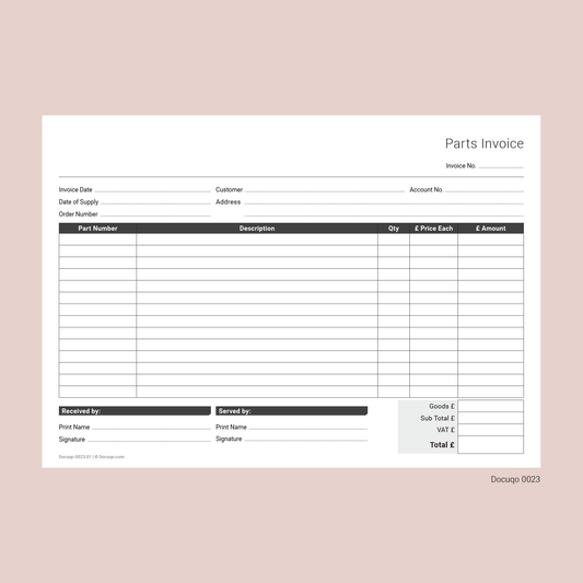 Parts Invoice Template (UK, A4 Fillable PDF) – For Garage, Workshop & Repair Businesses (Docuqo 0023)