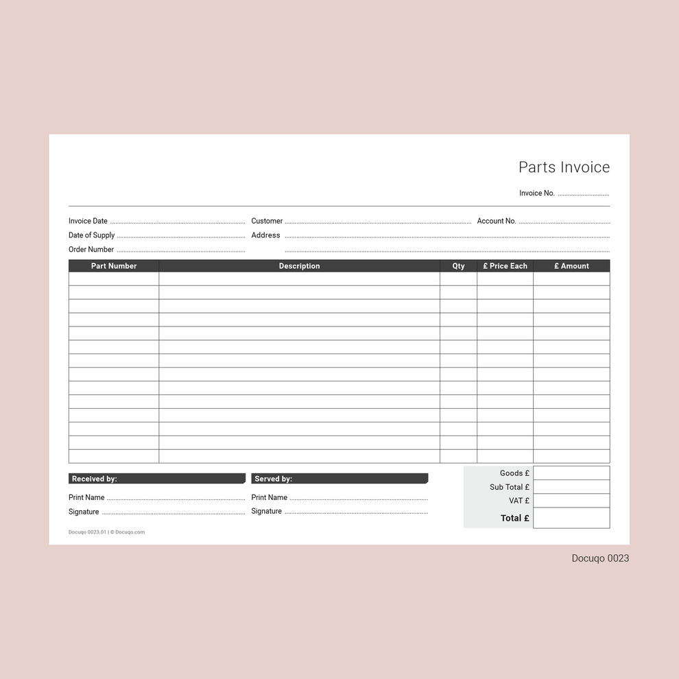 Parts Invoice Template (UK, A4 Fillable PDF) – Garage & Repair Use – Docuqo