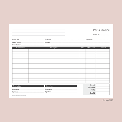 Parts Invoice Template (UK, A4 Fillable PDF) – For Garage, Workshop & Repair Businesses (Docuqo 0023)