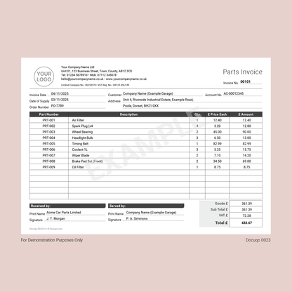Parts Invoice Template (UK, A4 Fillable PDF) – For Garage, Workshop & Repair Businesses (Docuqo 0023)
