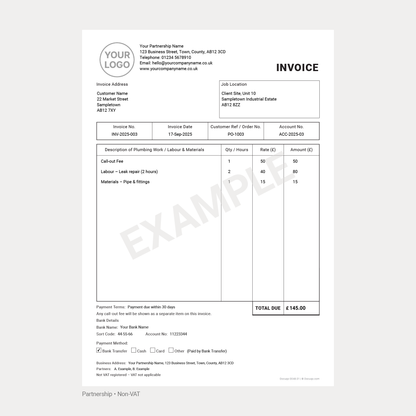 Plumber Invoice Template Complete Pack UK – VAT & Non-VAT A4 Fillable PDFs for Ltd, Partnership & Sole Trader (Docuqo 0049)