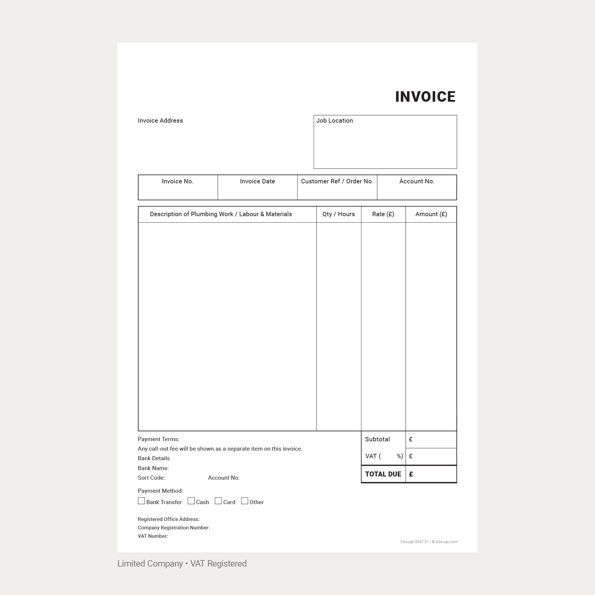 Plumber VAT Invoice Template UK – Limited Company A4 Fillable PDF Download