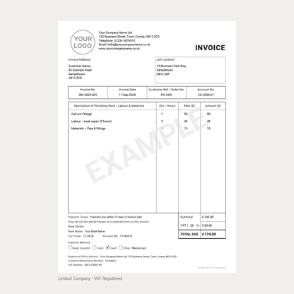 Example Plumber Invoice UK – Labour, materials, call-out charge and VAT calculation