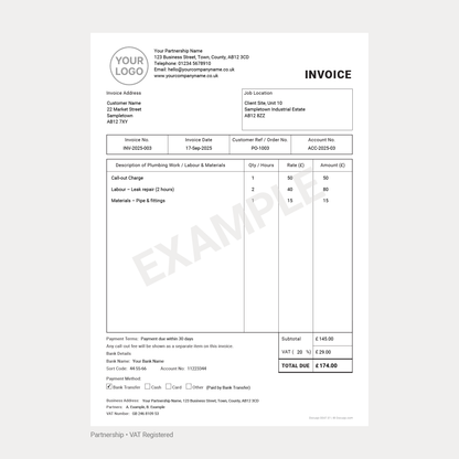 Plumber Invoice Template Complete Pack UK – VAT & Non-VAT A4 Fillable PDFs for Ltd, Partnership & Sole Trader (Docuqo 0049)