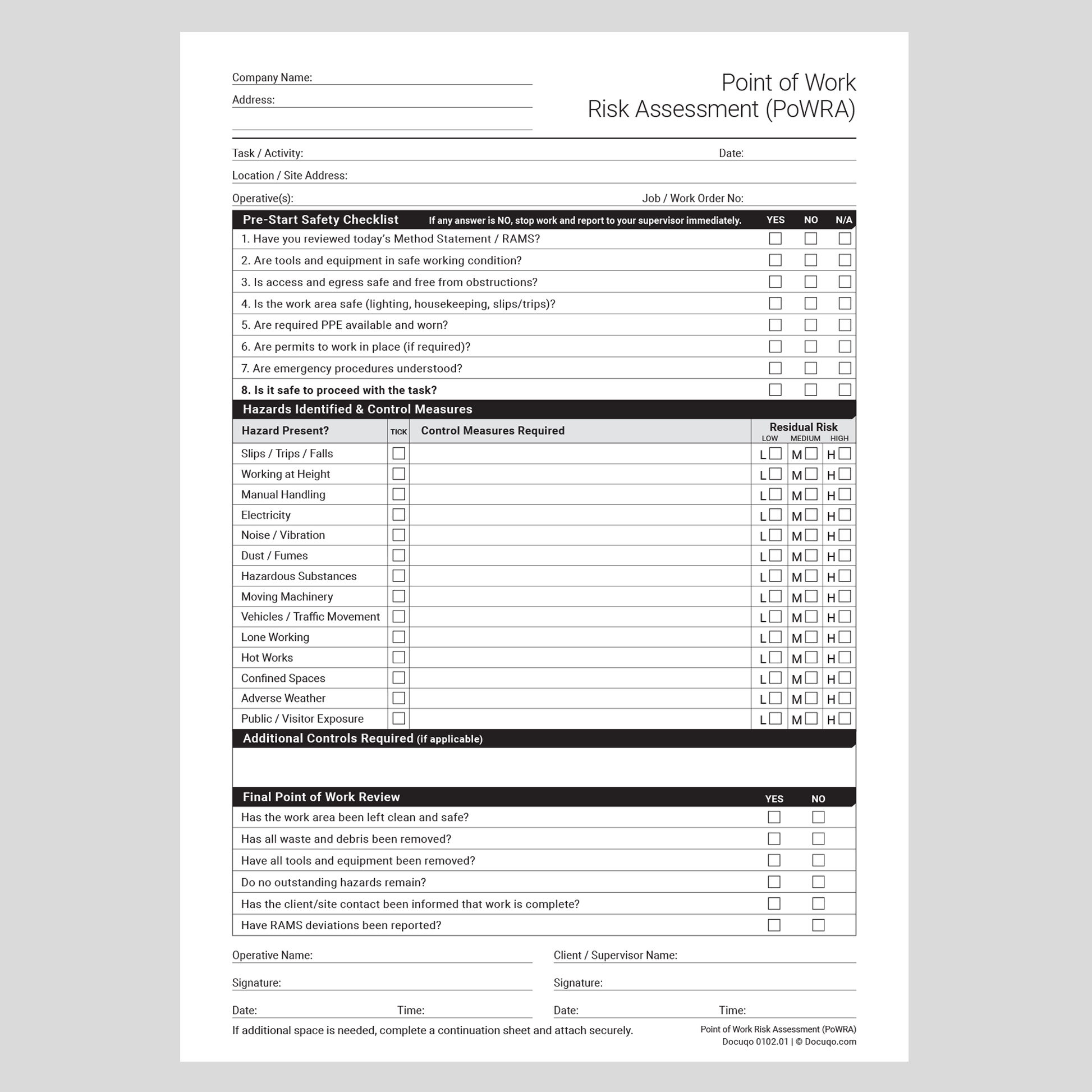 PoWRA Point of Work Risk Assessment PDF Template – UK A4 Fillable Example, Docuqo 0102