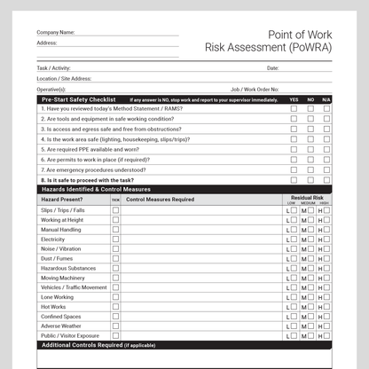 Point of Work Risk Assessment (PoWRA) Template (UK, A4 Fillable PDF) – Docuqo 0102