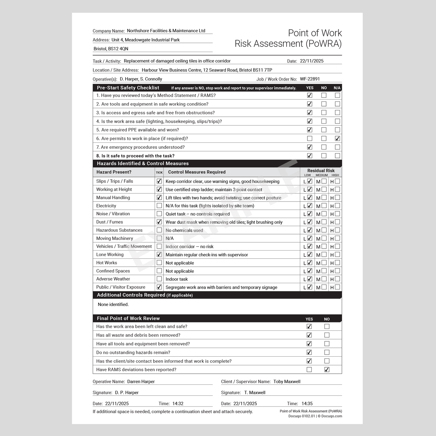 Point of Work Risk Assessment (PoWRA) Template – UK A4 Fillable PDF Form, Docuqo 0102