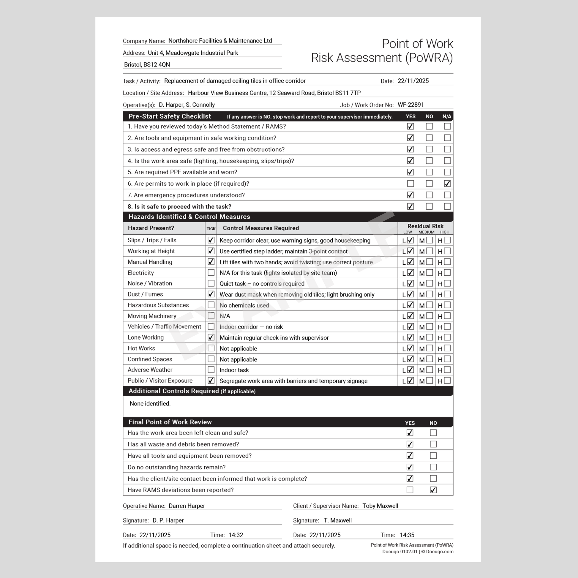 Point of Work Risk Assessment (PoWRA) Template – UK A4 Fillable PDF Form, Docuqo 0102