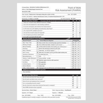 Point of Work Risk Assessment (PoWRA) Template – UK A4 Fillable PDF Form, Docuqo 0102