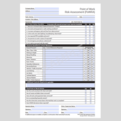 Print and Hand Write or Fillable PDF Versions of PoWRA Point of Work Risk Assessment PDF Template – UK A4 Example Download, Docuqo 0102